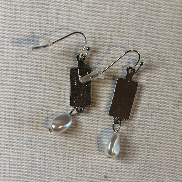 Blue Green Bar Earrings Faux Pearl Teardrop Dangle Modern Minimalist Jewelry - Picture 4 of 4